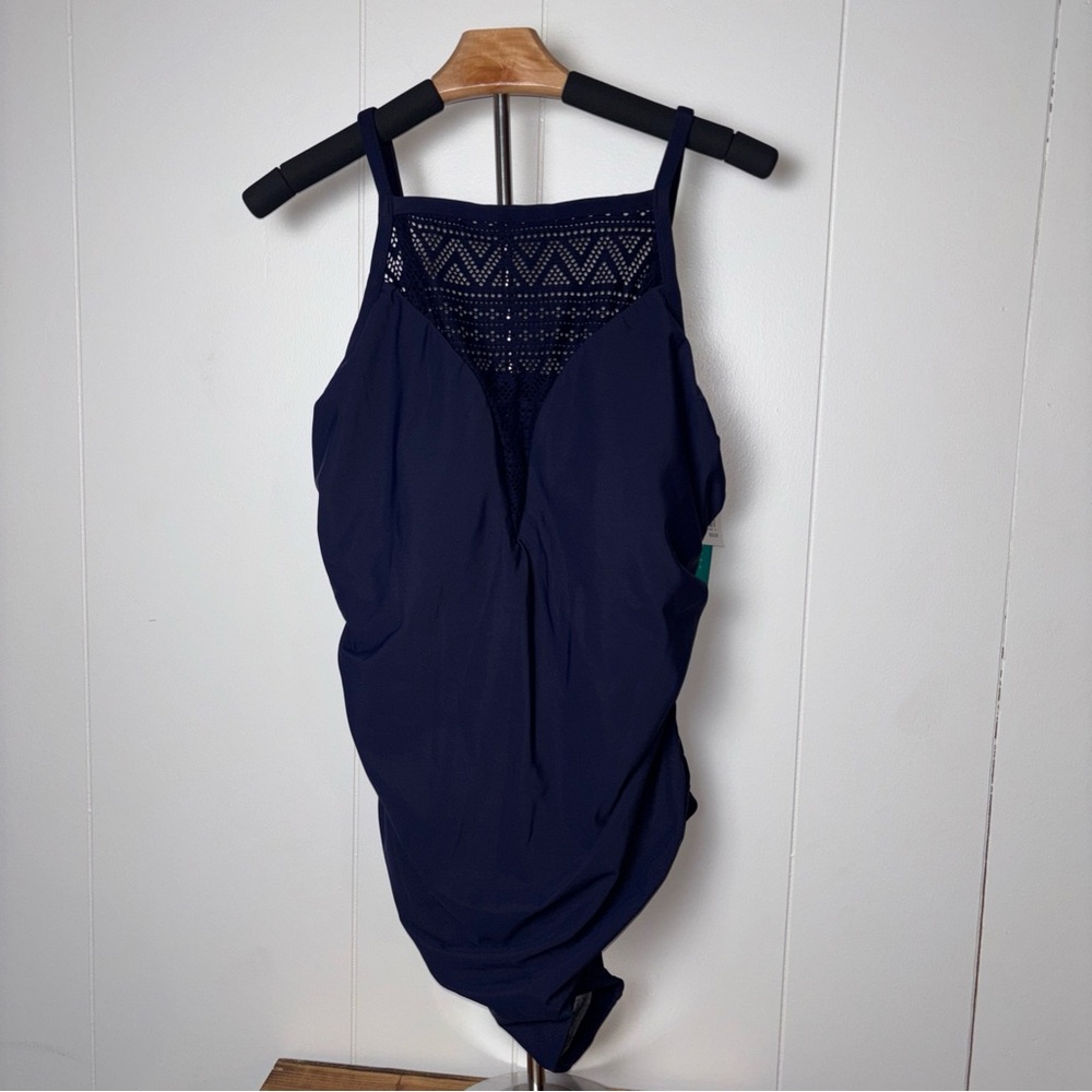 NWT Aqua Green Plus 20W Crochet High Neck One Piece Swimsuit Navy #T477